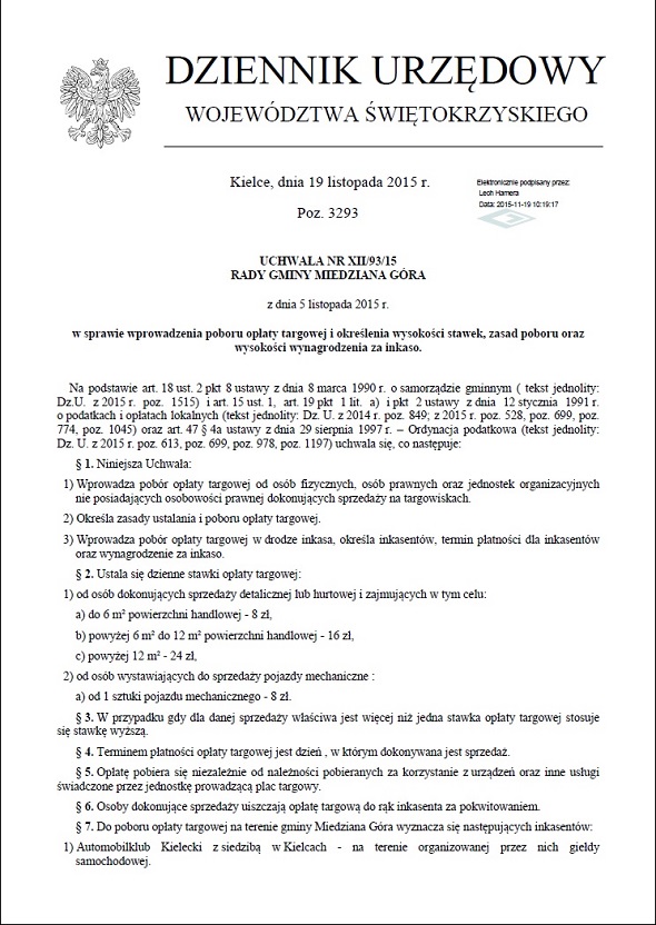 UCHWAŁA NR XII/93/15. RADY GMINY MIEDZIANA GÓRA z dnia 5 listopada 2015 r. w sprawie wysokości opłaty targowej na targowisku w Miedzianej Górze.